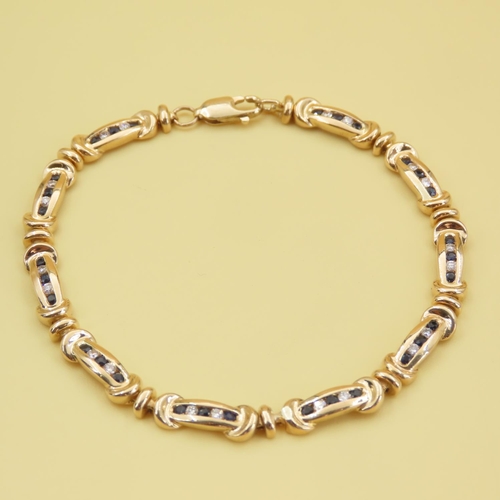 588 - Sapphire and Diamond Set Fancy Link Bracelet Mounted in 9 Carat Yellow Gold 18.5cm Long