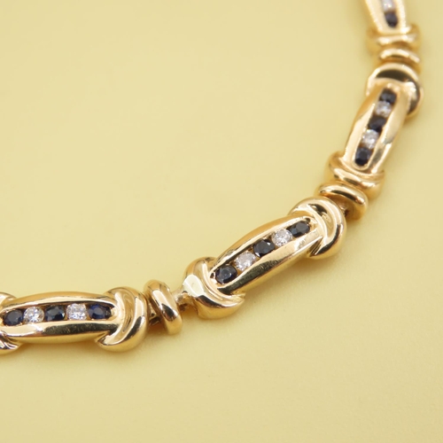 588 - Sapphire and Diamond Set Fancy Link Bracelet Mounted in 9 Carat Yellow Gold 18.5cm Long