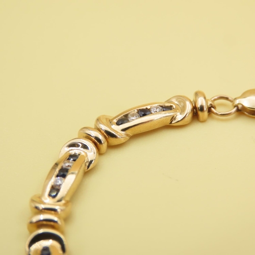 588 - Sapphire and Diamond Set Fancy Link Bracelet Mounted in 9 Carat Yellow Gold 18.5cm Long