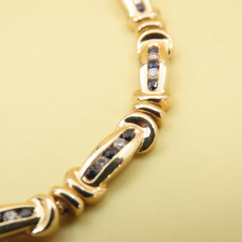 588 - Sapphire and Diamond Set Fancy Link Bracelet Mounted in 9 Carat Yellow Gold 18.5cm Long