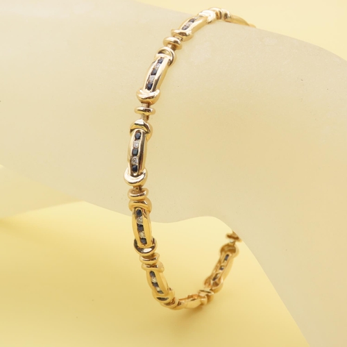 588 - Sapphire and Diamond Set Fancy Link Bracelet Mounted in 9 Carat Yellow Gold 18.5cm Long