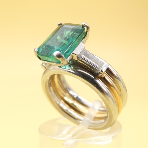 595 - Designer Emerald Solitaire Ring with Further Baguette Cut Diamonds to Shoulders Mounted on 18 Carat ... 