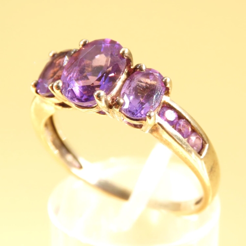 60 - Three Stone Amethyst Ring Mounted on 9 Carat Yellow Gold Band Further Amethyst Inset on Shoulders Ri... 