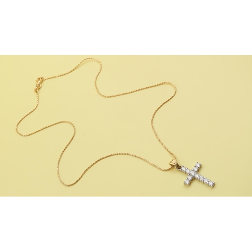 628 - Diamond Set Cross Motif Pendant 3cm Drop Further Set on 18 Carat Yellow gold Chain 42cm As New Unwor... 