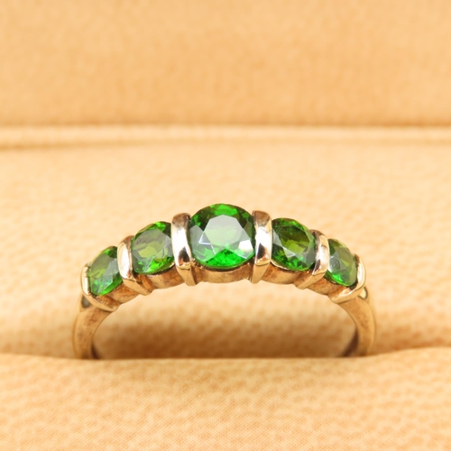 63 - Five Stone Diopside Bar Setting Ring Mounted on 9 Carat Yellow Gold Band Size S