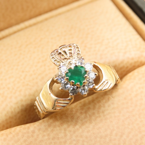 634 - Emerald and Gemstone Claddagh Ring Mounted on 9 Carat Yellow Gold Band Size M As New Unworn