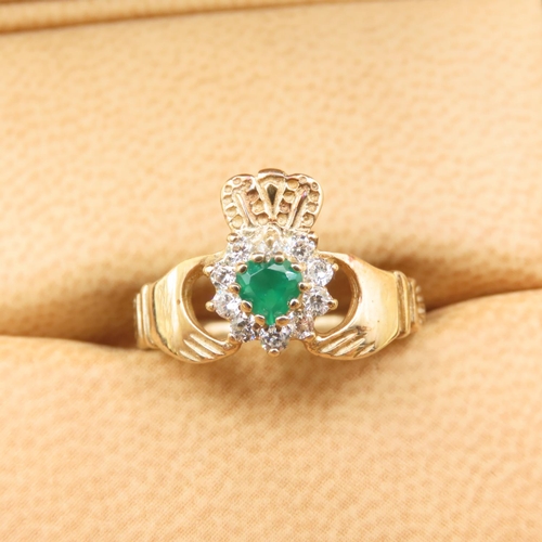 634 - Emerald and Gemstone Claddagh Ring Mounted on 9 Carat Yellow Gold Band Size M As New Unworn