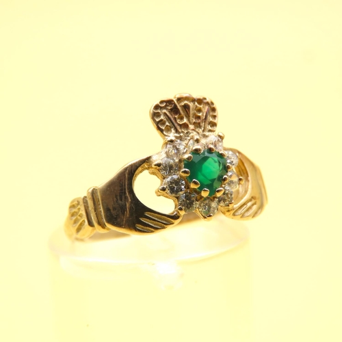 634 - Emerald and Gemstone Claddagh Ring Mounted on 9 Carat Yellow Gold Band Size M As New Unworn