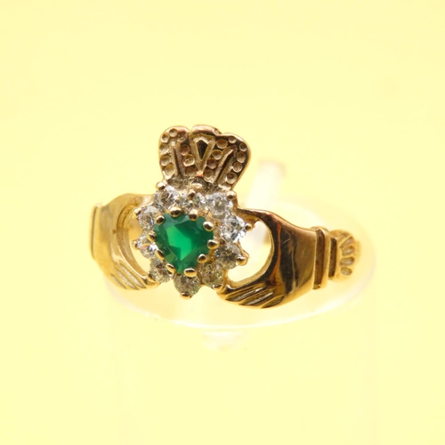 634 - Emerald and Gemstone Claddagh Ring Mounted on 9 Carat Yellow Gold Band Size M As New Unworn