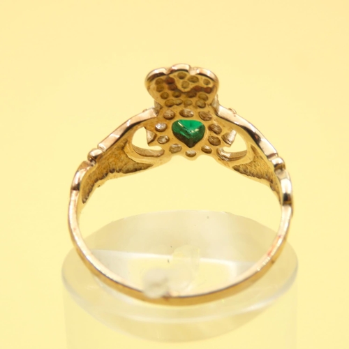 634 - Emerald and Gemstone Claddagh Ring Mounted on 9 Carat Yellow Gold Band Size M As New Unworn