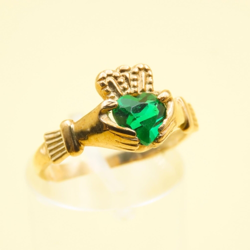 635 - Diopside Inset Claddagh Ring Mounted on 9 Carat Yellow Gold Band Size O As New Unworn