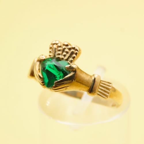 635 - Diopside Inset Claddagh Ring Mounted on 9 Carat Yellow Gold Band Size O As New Unworn