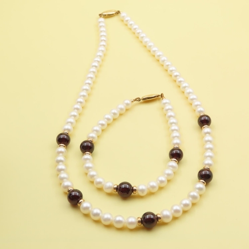 647 - Pearl and Garnet Necklace and Bracelet Set with 9 Carat Yellow Gold Clasps As New Unworn