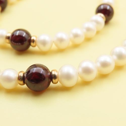 647 - Pearl and Garnet Necklace and Bracelet Set with 9 Carat Yellow Gold Clasps As New Unworn