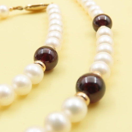 647 - Pearl and Garnet Necklace and Bracelet Set with 9 Carat Yellow Gold Clasps As New Unworn