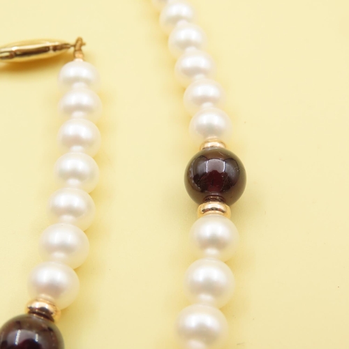 647 - Pearl and Garnet Necklace and Bracelet Set with 9 Carat Yellow Gold Clasps As New Unworn