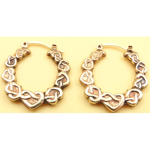 69 - Pair of 9 Carat Yellow Gold Heart Weave Motif Earrings Each 2.5 cm Diameter
