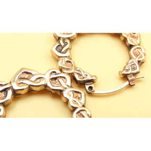 69 - Pair of 9 Carat Yellow Gold Heart Weave Motif Earrings Each 2.5 cm Diameter