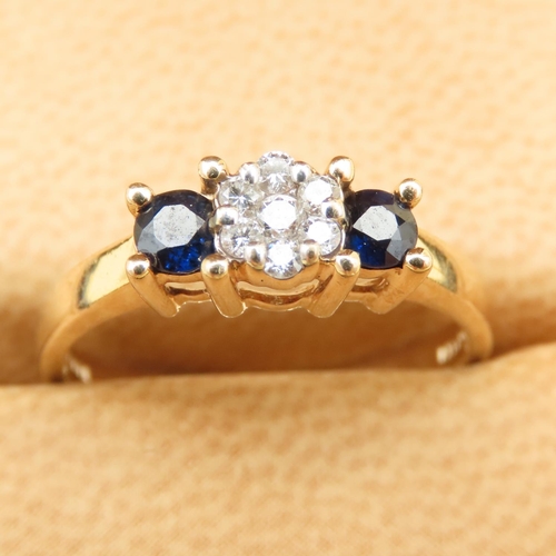 70 - Three Stone Sapphire and Diamond Ring Mounted on 14 Carat Yellow Gold Band Size N