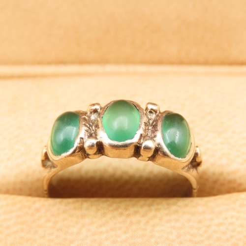 80 - Three Stone Polished Emerald Ring Mounted on 9 Carat Yellow Gold Band Size P and a Half