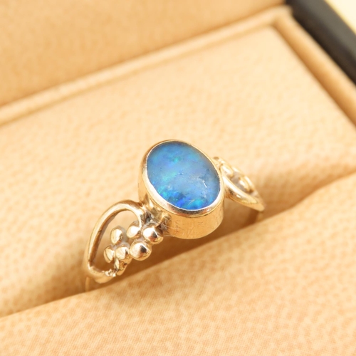 82 - Opal Ring with Flower Motif Shoulders Mounted on 9 Carat Yellow Gold Band Size N