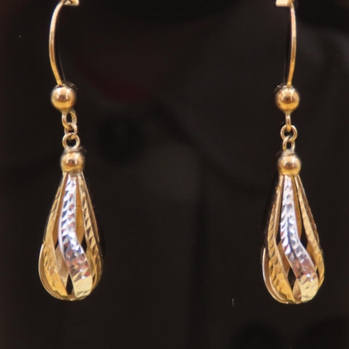 91 - Pair of 9 Carat Yellow and White Gold Drop Earrings Each 4cm High