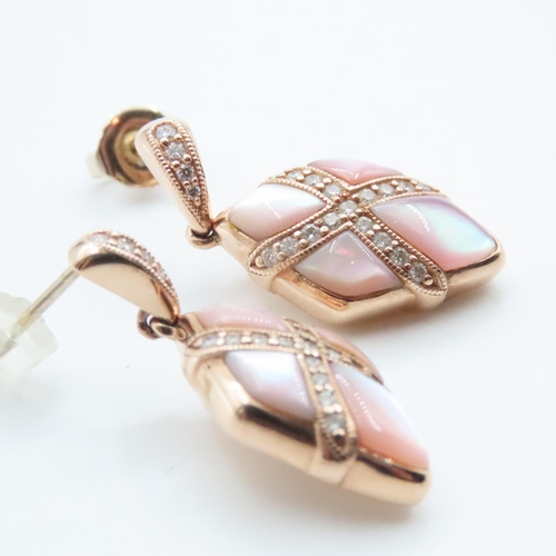 1006 - Pair of Diamond Crossover Design 14 Carat Rose Gold Drop Earrings Each 2cm Drop