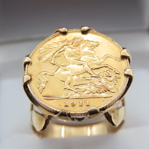 1012 - 1912 Half Sovereign Mounted in 9 Carat Yellow Gold Band Ring Size S and a half