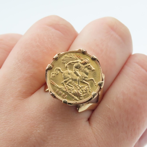 1012 - 1912 Half Sovereign Mounted in 9 Carat Yellow Gold Band Ring Size S and a half