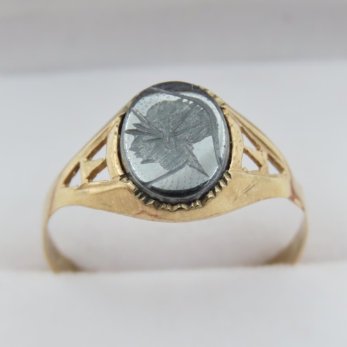 1015 - Panel Set Hematite Signet Ring Mounted on 9 Carat Yellow Gold Band Ring Size T