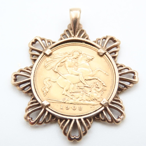 1026 - 1908 Full Sovereign Mounted in 9 Carat Yellow Gold Pendant 4cm High