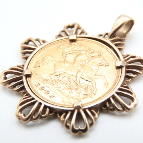 1026 - 1908 Full Sovereign Mounted in 9 Carat Yellow Gold Pendant 4cm High