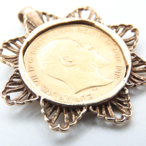 1026 - 1908 Full Sovereign Mounted in 9 Carat Yellow Gold Pendant 4cm High