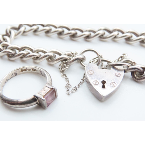 1033 - Silver Heart Locket Ladies Bracelet 18cm Long and Amethyst set Silver Ring Size M