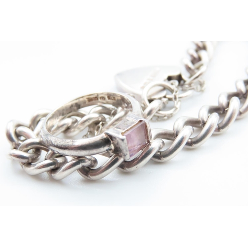 1033 - Silver Heart Locket Ladies Bracelet 18cm Long and Amethyst set Silver Ring Size M