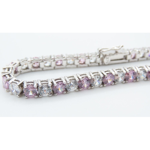 1041 - Pink and White Cubic Zirconia set 9 Carat White Gold Bracelet 19cm Long As New Unworn