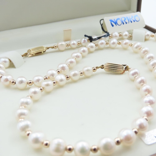 1043 - Noriko Pearl Necklace and Bracelet Set with 9 Carat Yellow Gold Clasp and Spacer Beads Bracelet 20cm... 