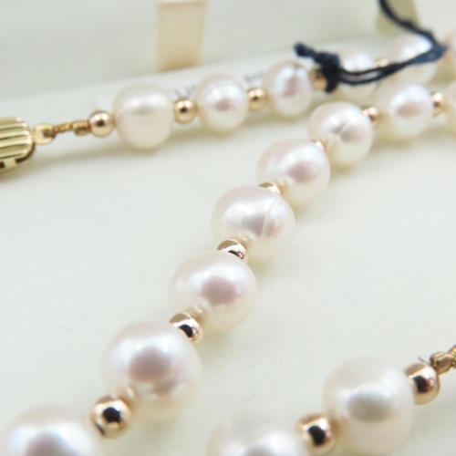 1043 - Noriko Pearl Necklace and Bracelet Set with 9 Carat Yellow Gold Clasp and Spacer Beads Bracelet 20cm... 