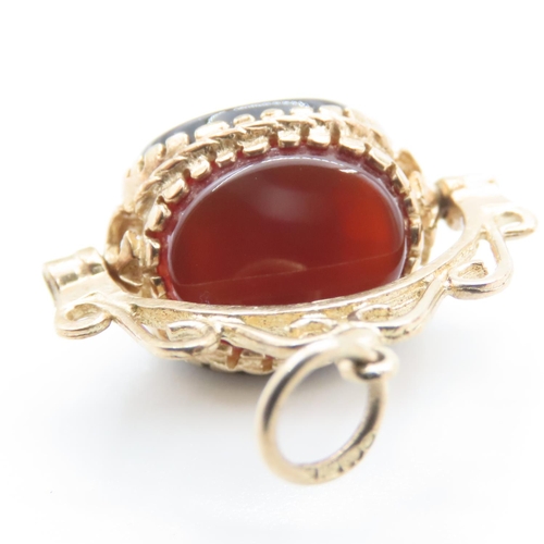 1045 - Bloodstone Carnelian and Black Onyx Set 9 Carat Yellow Gold Fob Pendant 2cm High As New Unworn