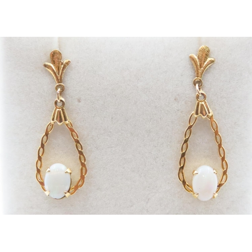 1054 - Pair of 14 Carat Yellow Gold Opal Set Drop Earrings 2.5cm High