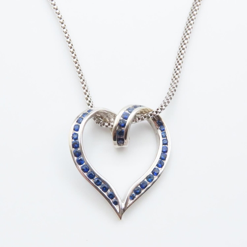 1055 - Sapphire Heart Motif Pendant Mounted in 14 Carat White Gold 3cm High Further Set on 14 Carat White G... 