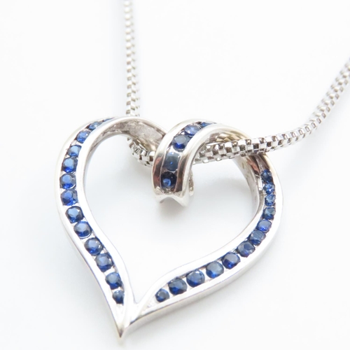 1055 - Sapphire Heart Motif Pendant Mounted in 14 Carat White Gold 3cm High Further Set on 14 Carat White G... 