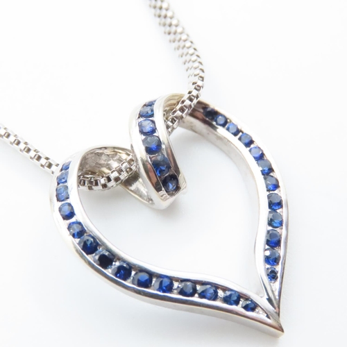 1055 - Sapphire Heart Motif Pendant Mounted in 14 Carat White Gold 3cm High Further Set on 14 Carat White G... 