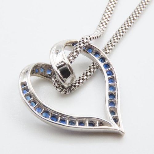 1055 - Sapphire Heart Motif Pendant Mounted in 14 Carat White Gold 3cm High Further Set on 14 Carat White G... 