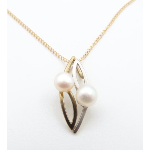 1063 - Twin Pearl set Pendant Mounted in 9 Carat Yellow and White Gold 2cm High Further set on 9 Carat Yell... 