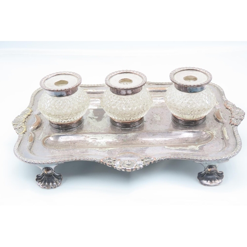 107 - Silver Plated Desk Rest Three Ink Bottles Hobnail Cut Shaped Supports Approximately 8 Inches Wide