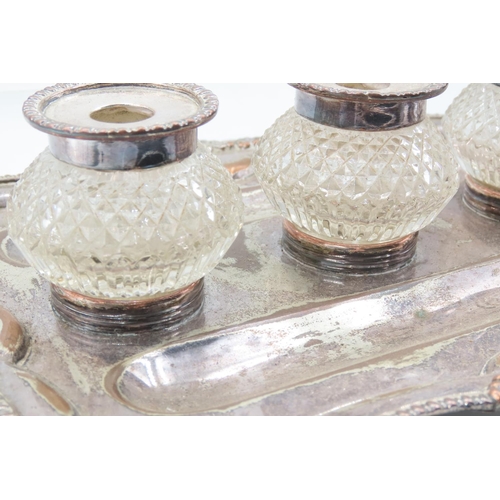 107 - Silver Plated Desk Rest Three Ink Bottles Hobnail Cut Shaped Supports Approximately 8 Inches Wide