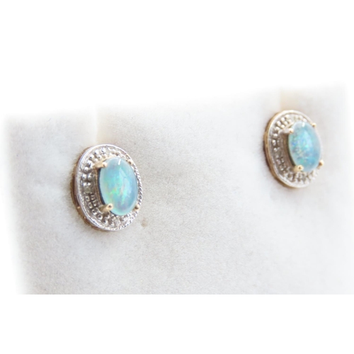 1070 - Pair of 9 Carat Yellow Gold Opal and Diamond Stud Earrings Each 1.5cm High As New Unworn