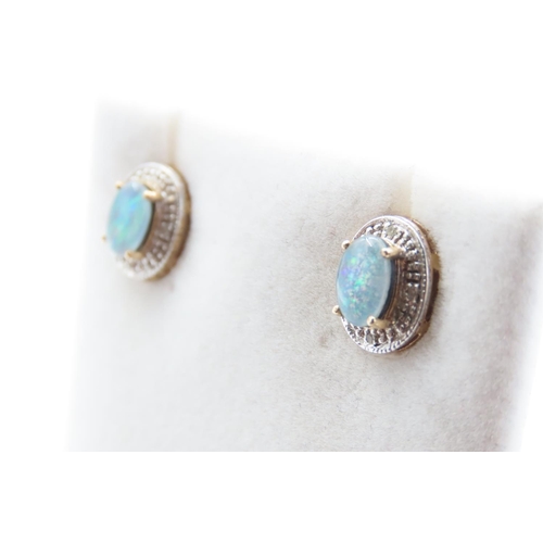 1070 - Pair of 9 Carat Yellow Gold Opal and Diamond Stud Earrings Each 1.5cm High As New Unworn