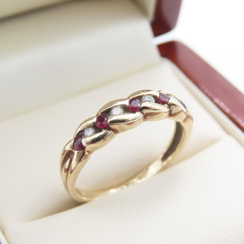 1080 - Diamond and Ruby set Braid Motif Ring Mounted in 9 Carat Yellow Gold Ring Size N and a Half